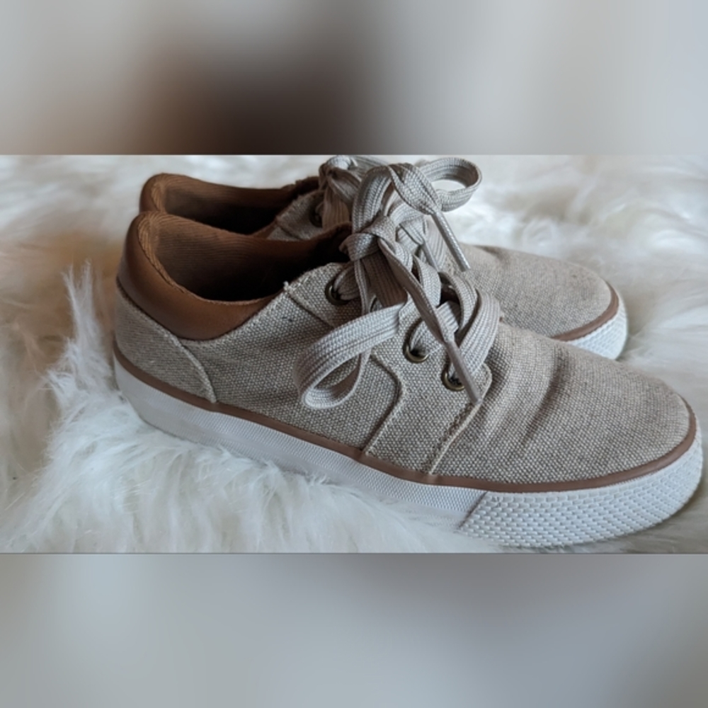 GUC The Children's Place tan canvas lace up with light brown faux leather top